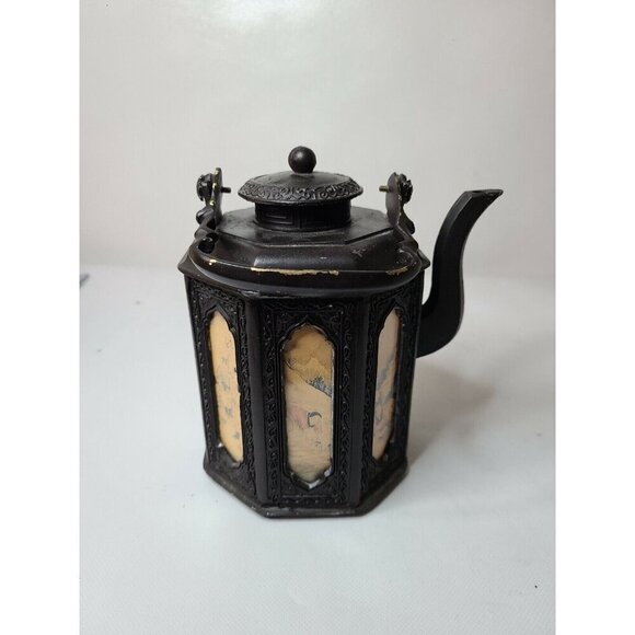 Antique 18th Century Cast Iron Asian Teapot Etched Scenic Glass Panel Japan MCM - Picture 6 of 10